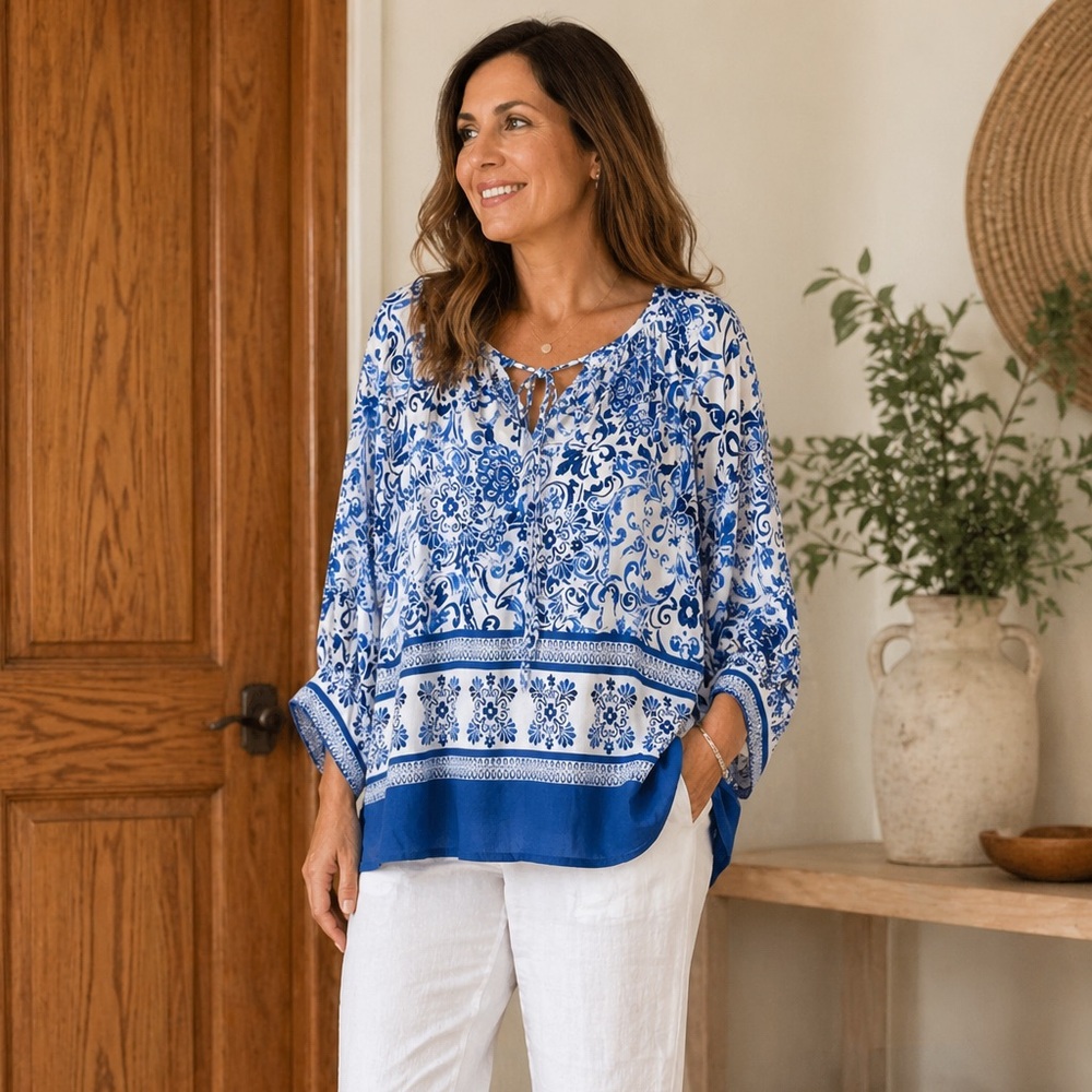 Karen Kane Blue Floral Peasant Style Blouse